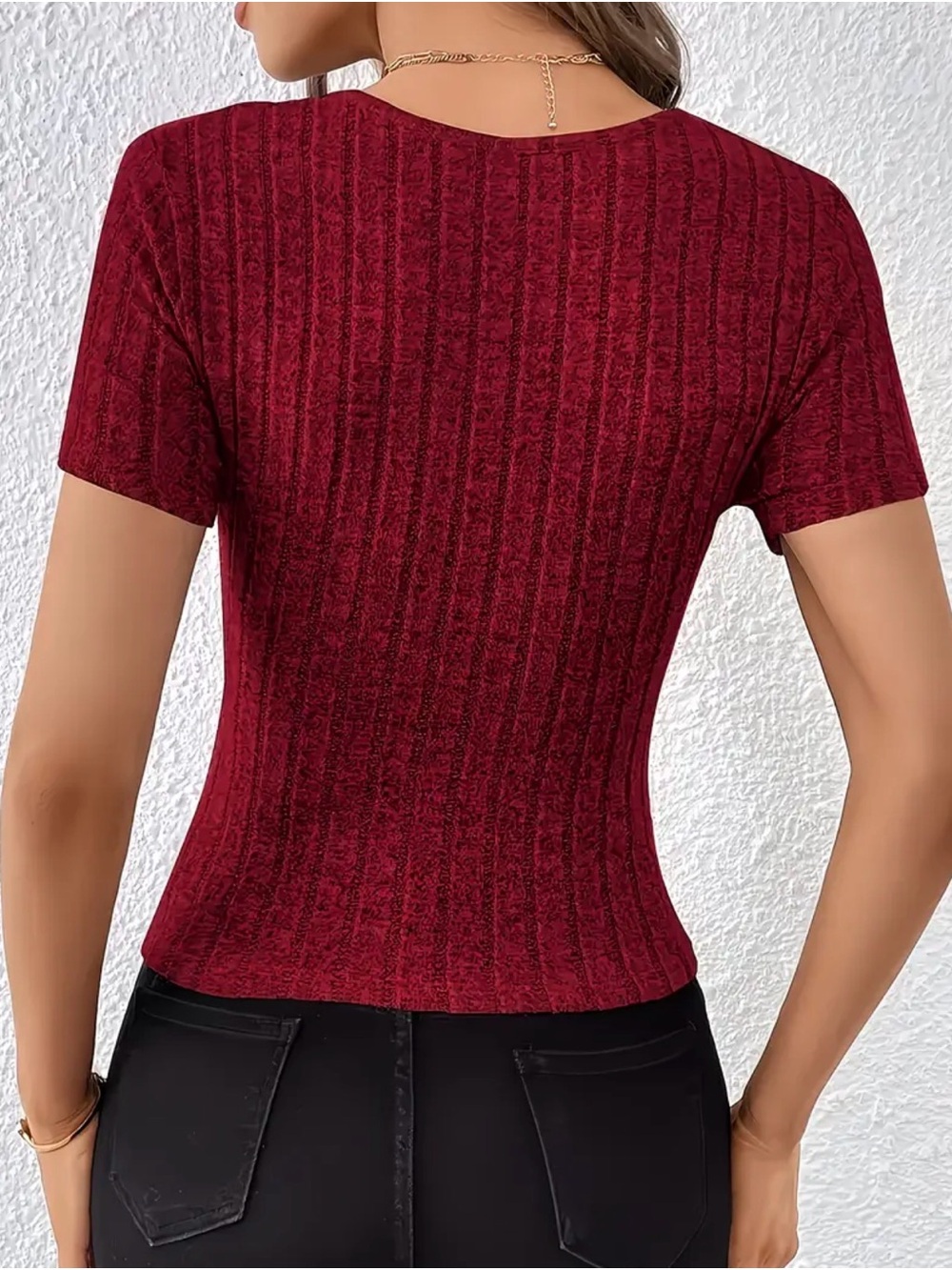Women's V-Neck Ribbed Red Top - Picture 3 of 6